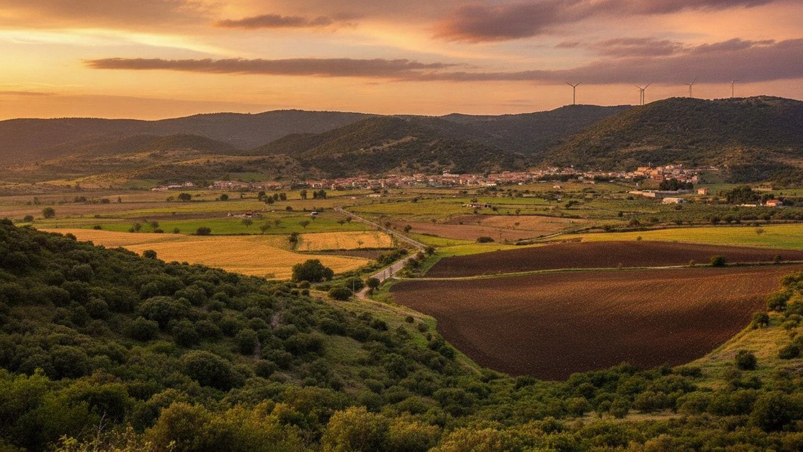 La campagna del Logudoro con i campi coltivati e le colline sullo sfondo