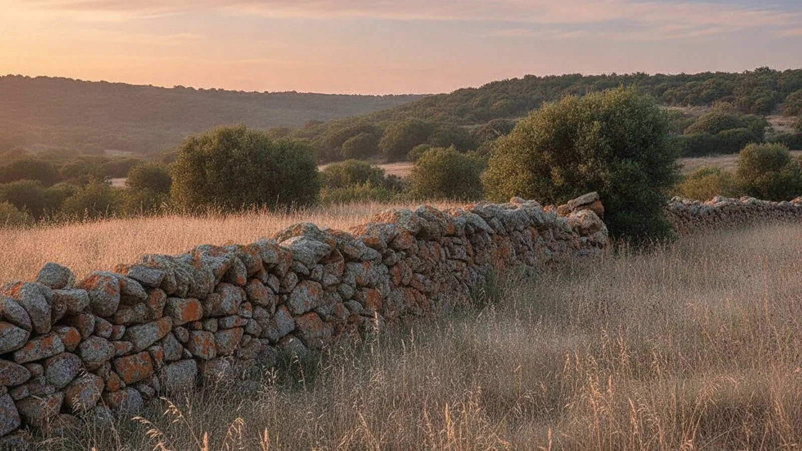 Un muretto a secco in pietra nella campagna sarda, con la macchia bassa intorno